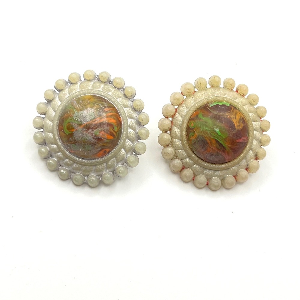 Vintage Resin Stud Earrings Orange Green Swirl Beaded Halo Scalloped Edge